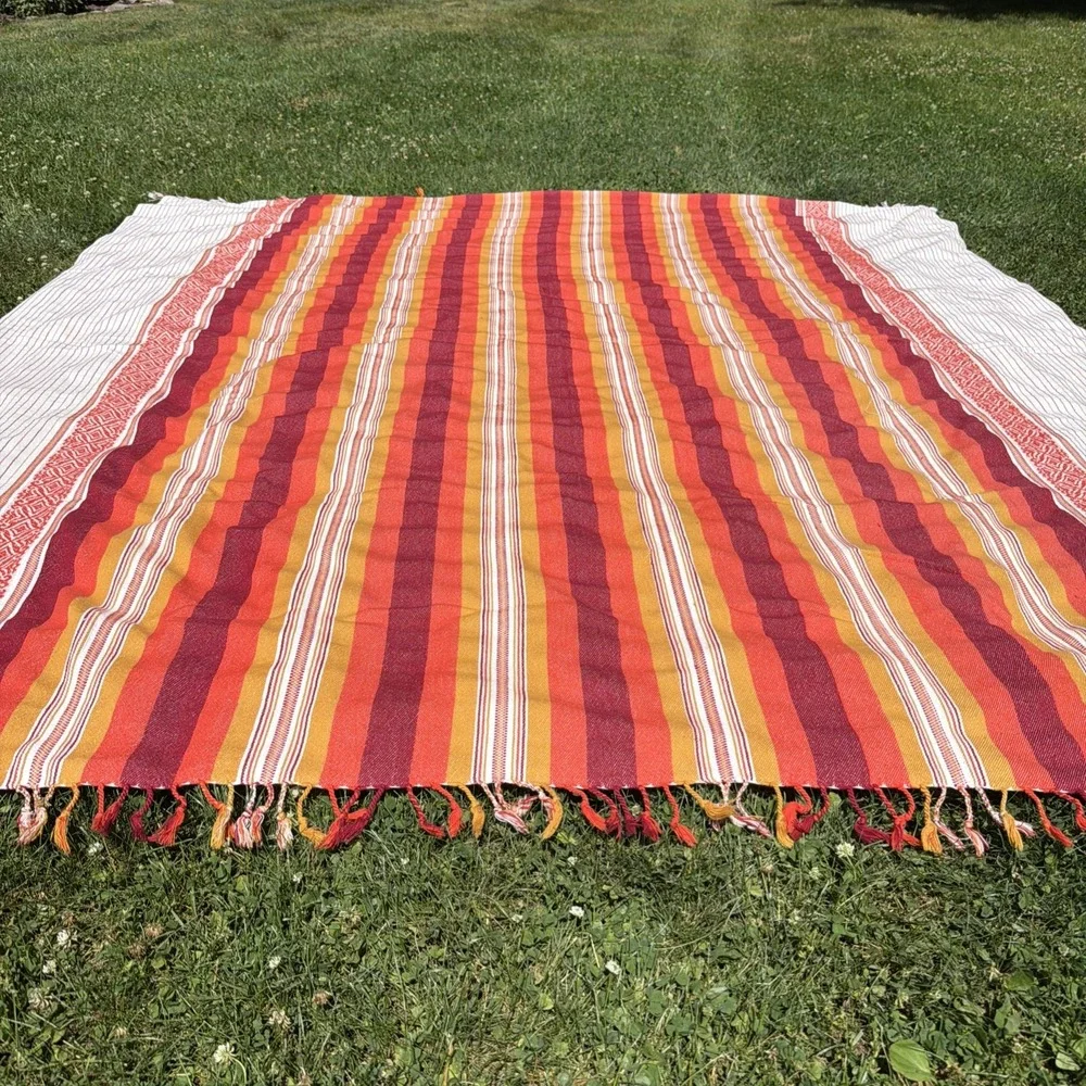 Vintage 100% Cotton Handwoven Colorful MCM Striped Blanket Rug Bangladesh 96x82